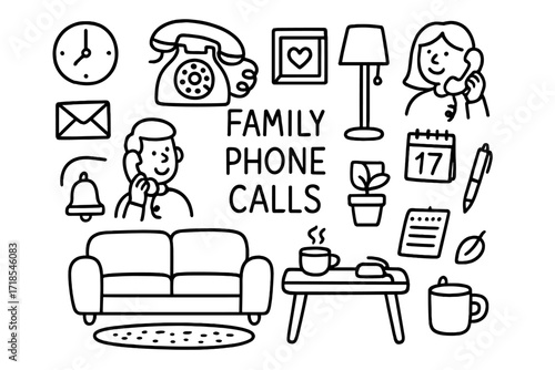 Family Call Essentials. Hand-drawn doodle illustration Family Phone Calls rotary phone, sofa, coffee table, lamp, bookshelf, envelope, clock, calendar,