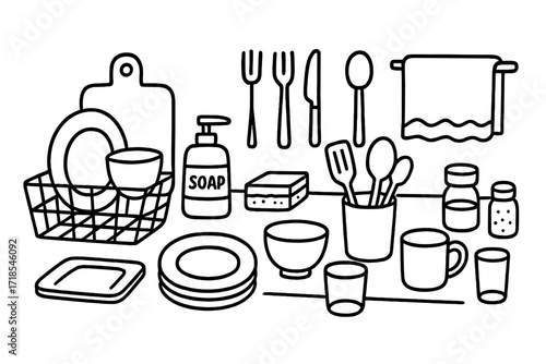 Organized Kitchen Doodles. Hand-drawn doodle illustration Organized kitchen counter [dish rack, cutting board, spice jar, mug, bowl, glass, towel, plate,