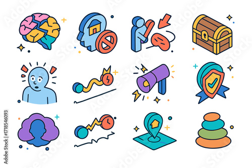 Trauma Icon Set. Colorful isometric vector icons set of Trauma and PTSD: shattered glass brain, memory flashback icon, avoidance symbol, locked chest, startled