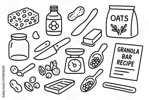 Granola Bar Essentials. Hand-drawn doodle illustration breakfast granola bar recipe granola bar, honey bottle, peanut icon, oats bag, chocolate chip, cutting