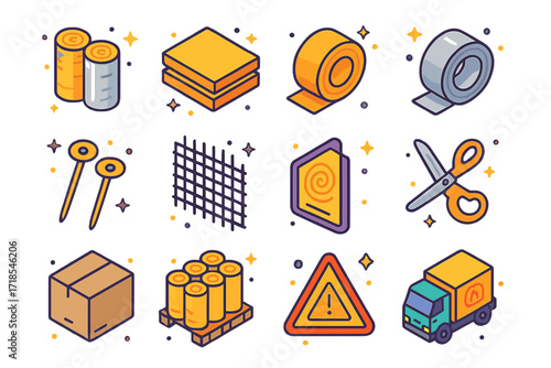 Insulation Accessories Icons. Colorful isometric vector icons set of insulation accessories and packaging: insulation rolls in plastic wrap, insulation board