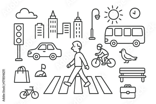 City Crosswalk Doodles. Hand-drawn doodle illustration Busy city crosswalk [person walking, crosswalk stripes, traffic light, car, bus, bicycle, skyscraper,