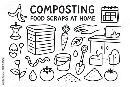 Home Composting Essentials. Hand-drawn doodle illustration Composting food scraps at home [compost bin, banana peel, apple core, carrot top, leaf, shovel,