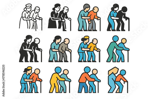 Elder Care Logo Variations. Set Logo of Elderly Care and Support: Nurse helping elder. Logo set in vector style, emblematic variations. line, bold thick line,
