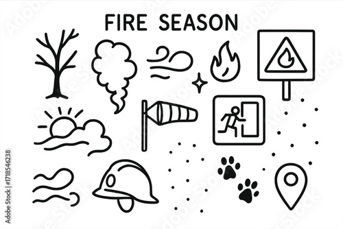 Fire Season Icons. Hand-drawn doodle illustration Fire Season burned tree, smoke plume, dry grass, ember spark, warning sign, smoke wave, sun covered by smoke,
