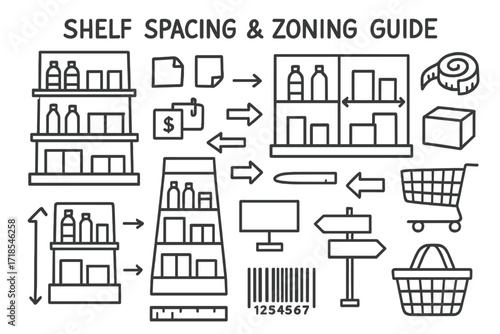 Retail Shelf Guide. Hand-drawn doodle illustration Shelf spacing and zoning guide Retail shelves, dividers, products, arrows, price tags, labels, sticky notes,