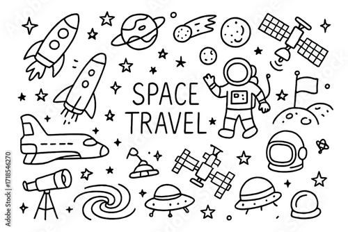 Space Exploration Doodles. Space travel. Hand-drawn doodle illustration space travel with rocket, astronaut, space shuttle, satellite, planet, moon, stars,