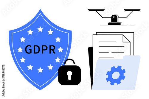 Blue GDPR shield beside black padlock, documents, file folder with gear icon, and quadcopter outline. Ideal for data security, privacy law, digital rights, compliance, cybersecurity regulations
