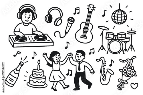 DJ and Band Doodles. Hand-drawn doodle illustration DJ and band collaboration DJ table, headphones, microphone, guitar, drum set, saxophone, disco ball,
