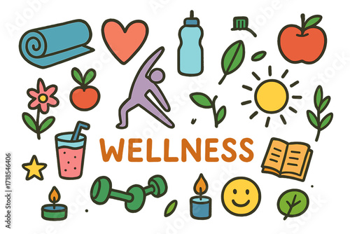 Wellness Doodle Elements. Wellness. Colorful Hand-drawn doodle Children illustration yoga mat, heart, water bottle, apple, dumbbell, sun, leaf, stretching