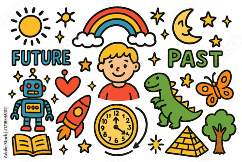 Futuristic Doodle Adventure. Colorful Hand-drawn doodle Children illustration Future Meets Past dinosaur, robot, rocket, pyramid, spiral clock, rainbow, sun,