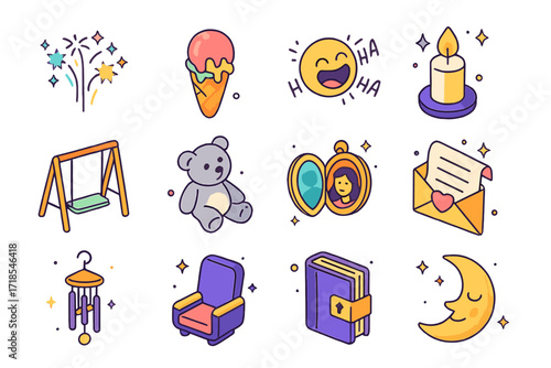 Bittersweet Joy Icons. Colorful isometric vector icons set of bittersweet joy: fading fireworks, melting ice cream cone, echoing laughter, flickering candle,