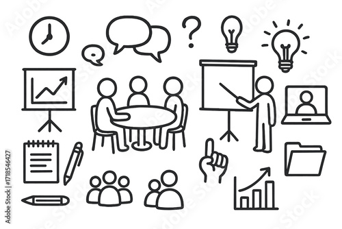 Meeting Communication Doodles. Hand-drawn doodle illustration [communication during meetings] [round table, speech bubbles, presentation screen, clock,