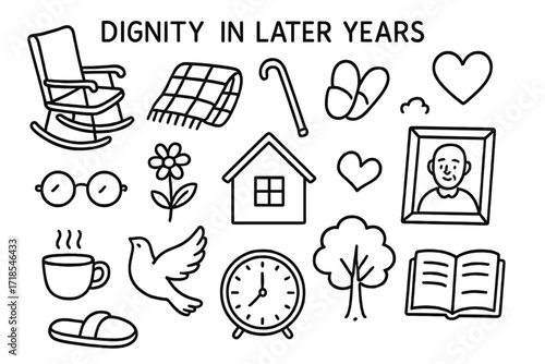 Dignity in Later Years. Hand-drawn doodle illustration dignity in later years rocking chair, blanket, cane, glasses, heart, flower, house, slippers, photo
