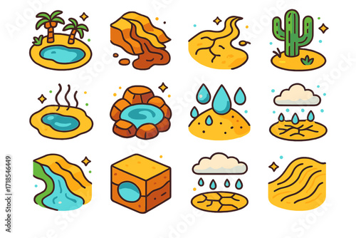 Desert Water Icons. Colorful isometric vector icons set of Desert Water Dynamics: oasis pond, flash flood path, dry creek bed, water under cactus, evaporating
