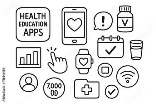 Health App Doodles. Hand-drawn doodle illustration [health education apps] [app icon, mobile screen, heart, vitamin bottle, bar chart, smartwatch, tap gesture,