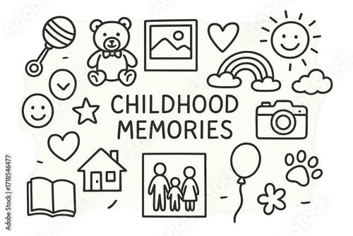 Childhood Memories Sketch. Hand-drawn doodle illustration Childhood memories album [baby rattle, teddy bear, photo frame, camera, smile face, heart, star,