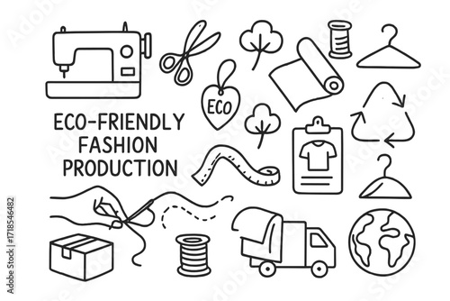 Eco-friendly Fashion Doodles. Hand-drawn doodle illustration Eco-friendly fashion production, sewing machine, scissors, fabric roll, thread spool, hand