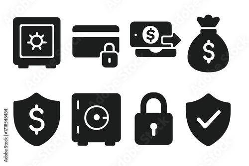 Financial Security Icons. Solid, filled icon set of financial security: safe deposit box, credit card lock, secure transaction, money bag, shield with dollar