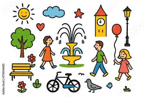 Vibrant Square Scene. Strolling through public squares. Colorful Hand-drawn doodle Children illustration fountain, bench, tree, flower, people walking, pigeon,