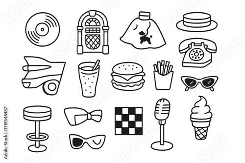 Retro Diner Icons. Hand-drawn doodle illustration 1950s American Diner vinyl record, jukebox, poodle skirt, retro phone, car tailfin, soda glass, hamburger,