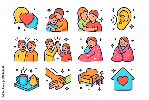 Family Support Icons. Colorful isometric vector icons set of Emotional support within family: heart-to-heart talk, supportive parent hug, listening ear, shared