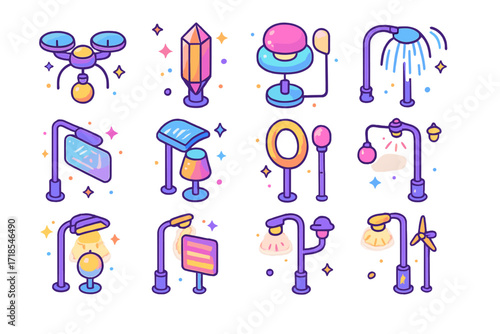 Futuristic Lighting Icons Set. Colorful isometric vector icons set of futuristic lighting concepts: floating drone lamp, glowing crystal pole, magnetic