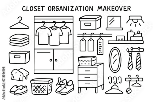 Closet Organization Doodle. Hand-drawn doodle illustration [Closet organization makeover] [hanger, folded clothes, storage bin, labels, closet rod, shelf