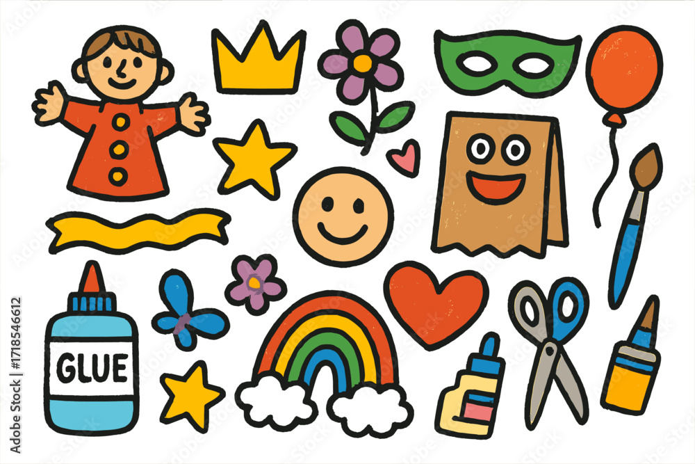 Fototapeta premium Colorful Playful Doodle Icons. Creative play. Colorful Hand-drawn doodle Children illustration puppet, crown, mask, star, flower, balloon, ribbon, smiley face,