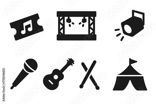 Music Event Icons. Solid, filled icon set of music events: concert ticket, stage, crowd, spotlight, microphone, guitar, drumsticks, festival tent. Solid,
