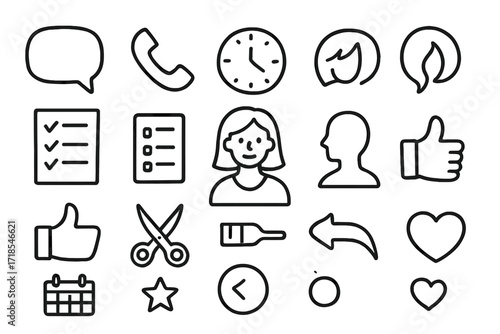 Stylist App Icon Set. Hand-drawn doodle illustration [client-stylist communication app] [chat bubble, phone icon, appointment clock, hair icon, checklist,