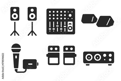Live Band Equipment Icons. Solid, filled icon set of live band sound equipment: PA system, mixing board, subwoofer, stage monitors, wireless mic, DI box,