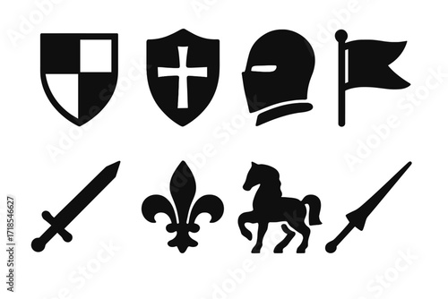 Medieval Heraldry Icons. Solid, filled icon set of medieval heraldry: coat of arms, shield with cross, helmet, banner, sword, fleur-de-lis, horse, lance.