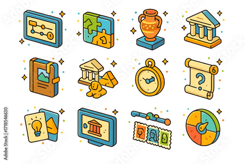 Interactive History Icons. Colorful isometric vector icons set of interactive history learning: historical timeline app, map puzzle, ancient artifact replica,