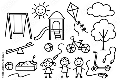 Playground Doodle Art. Hand-drawn doodle illustration playground in the park swing, slide, seesaw, sandbox, ball, kite, tree, bench, bicycle, scooter, skipping