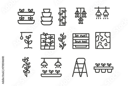 Vertical Garden Icon Set. Vertical gardens. Line icon set of vertical gardens: wall planter, stacked pots, hydroponic tower, hanging herbs, drip irrigation,