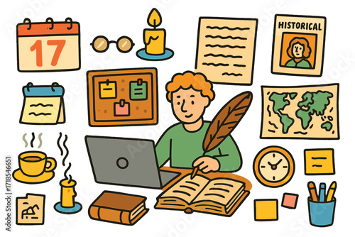Historical Writing Tools. Colorful Hand-drawn doodle Children illustration [Author at work on historical novel] [laptop, old book, quill, calendar, cup of tea,