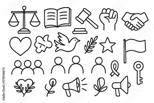 Symbols of Justice. Hand-drawn doodle illustration equality and justice balance scale, book, gavel, raised fist, handshake, heart, dove, laurel wreath, star,