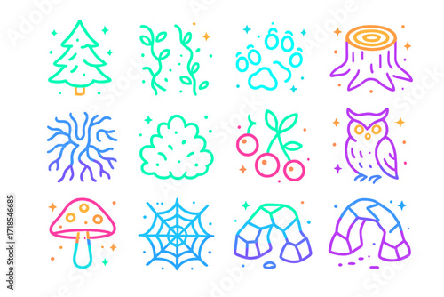 Glowing Forest Icon Set. Colorful isometric vector icons set of glowing forest elements: neon pine tree, shimmering vines, glowing animal tracks, radiant tree