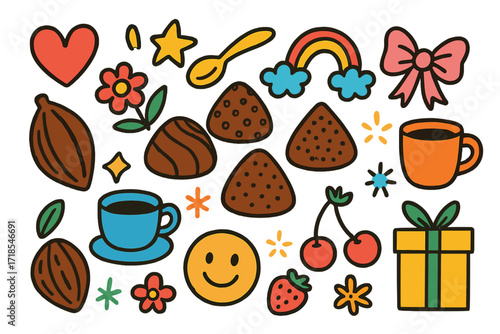 Playful Truffle Doodles. Colorful Hand-drawn doodle Children illustration Chocolate Truffles [chocolate truffle, cocoa bean, cup, spoon, star, rainbow, heart,