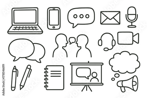 Digital Communication Doodles. Hand-drawn doodle illustration Digital communication, laptop, smartphone, chat bubble, email envelope, video call