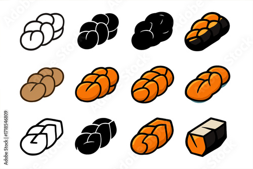 Challah Logo Variations. Set Logo of Food culture and traditions: Jewish challah bread loaf. Logo set in vector style, emblematic variations. line, bold thick