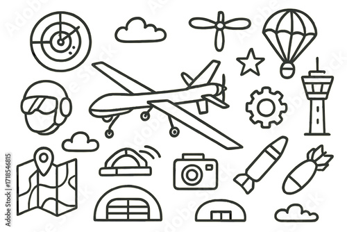 Aerial Surveillance Icons. Hand-drawn doodle illustration Aerial surveillance drone, radar, propeller, wings, map, pilot helmet, clouds, control tower, star,