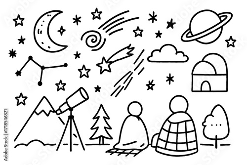 Magical Meteor Shower. Hand-drawn doodle illustration magical meteor shower stars, moon, comet, meteors, galaxy swirl, shooting star, constellation lines,