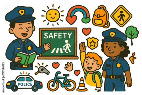Safety Lesson Doodle. Colorful Hand-drawn doodle Children illustration Police officers teaching safety [police officer, child raising hand, chalkboard, book,