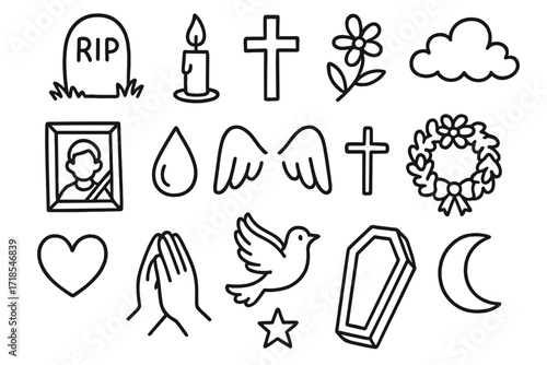 Memorial Symbols Doodle. Hand-drawn doodle illustration deceased tombstone, candle, cross, flower, framed photo, teardrop, angel wings, cloud, heart, hands in