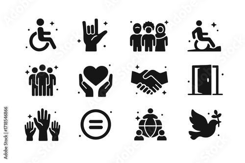 Diverse Accessibility Icons. Inclusion. Solid icons set of wheelchair symbol, sign language hand, diverse people, accessible ramp, inclusive circle, support