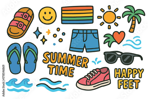 Summertime Footwear Fun. Colorful Hand-drawn doodle Children illustration Summertime Footwear Choices sandal, flip flop, sneakers, smiling face, rainbow