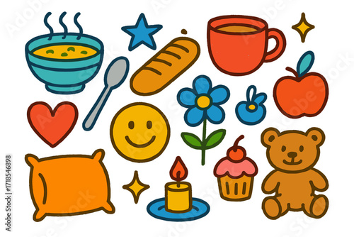 Comfort Food Doodle. Colorful Hand-drawn doodle Children illustration Comfort food soup bowl, cup of tea, bread, spoon, heart, star, sparkles, flower, apple,