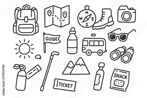 Excursion Essentials Icons. Hand-drawn doodle illustration excursion backpack, map, compass, hiking boots, camera, sunglasses, water bottle, bus, guide flag,